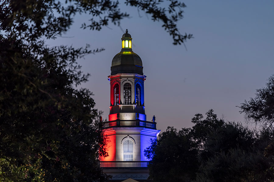 Pat Neff lit in Red, White and Blue lights